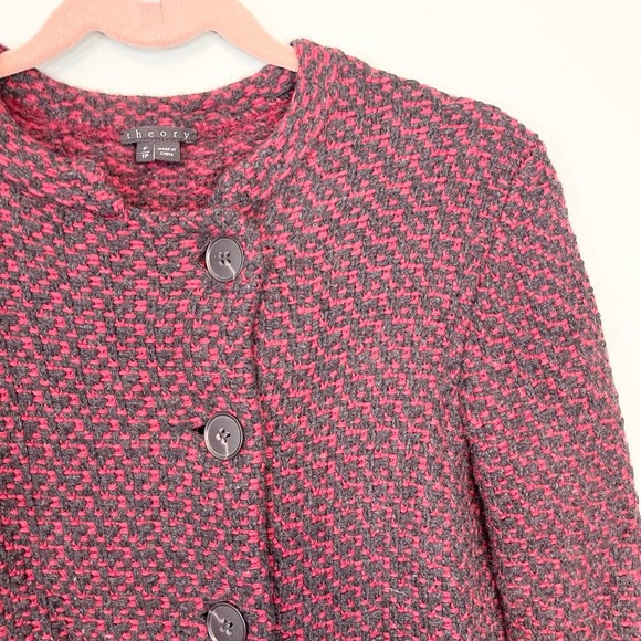 Theory Women's Red Black Wool Knit Ambril Loryelle Cardigan Sweater Size P/TP - Picture 2 of 9